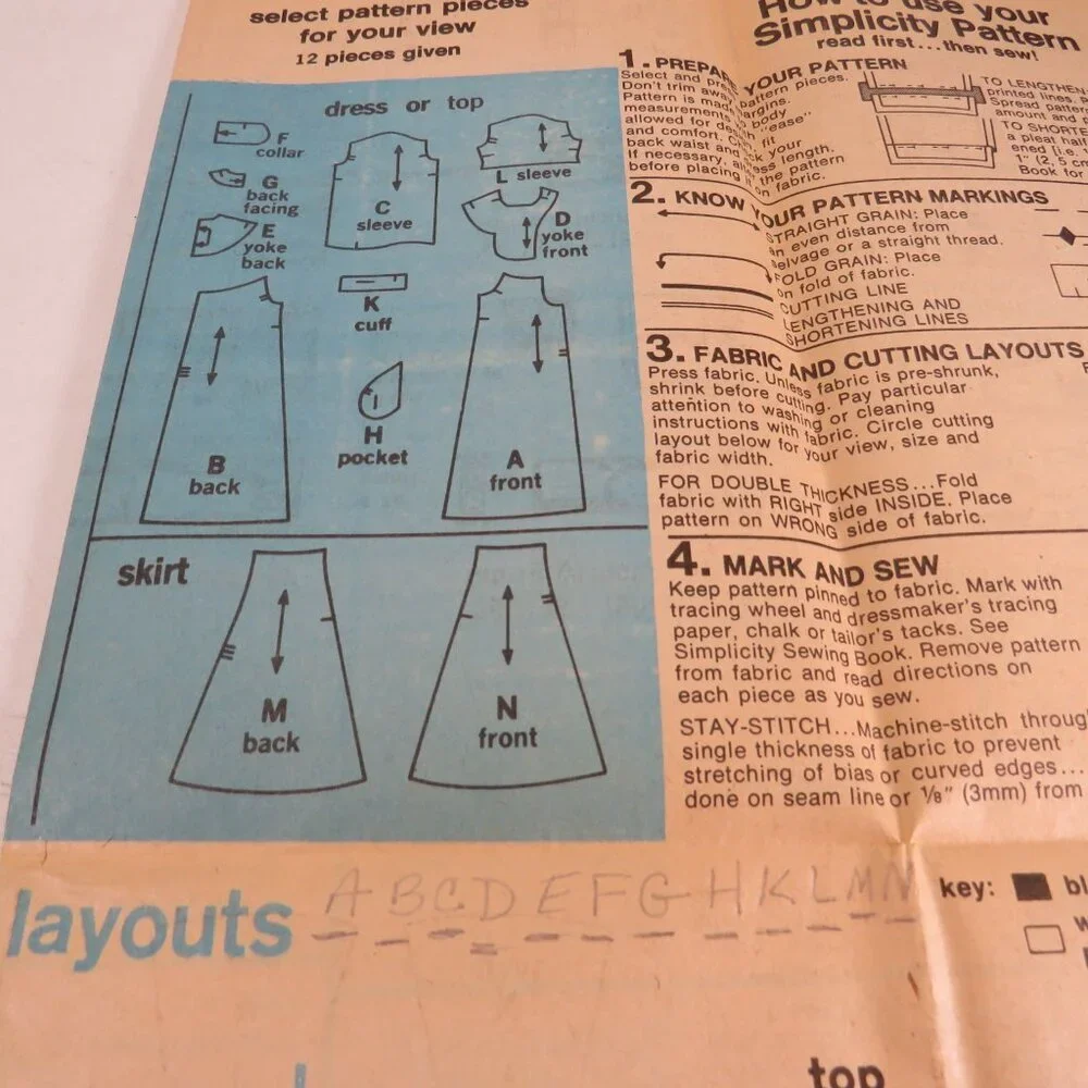Simplicity 7303 Clothing Pattern Miss Med 12-14 Shirt, Dress, Skirt, Bell Bottom